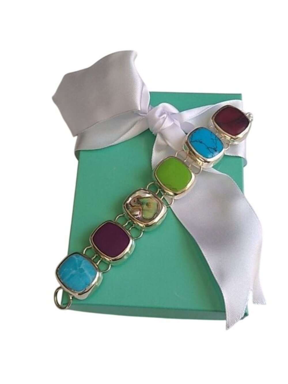 Sterling Silver, Sugilite, Jasper, Abalone + Turquoise Link Bracelet, 6.5"